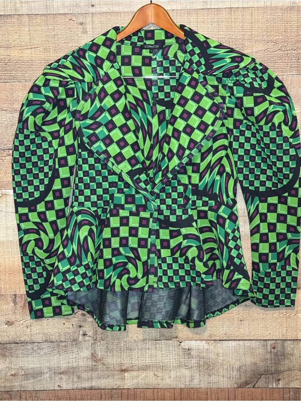 CQ by CQ Optical Checkered Green Puff-Sleeve Peplum Blazer size L Bold Artsy - Picture 2 of 13
